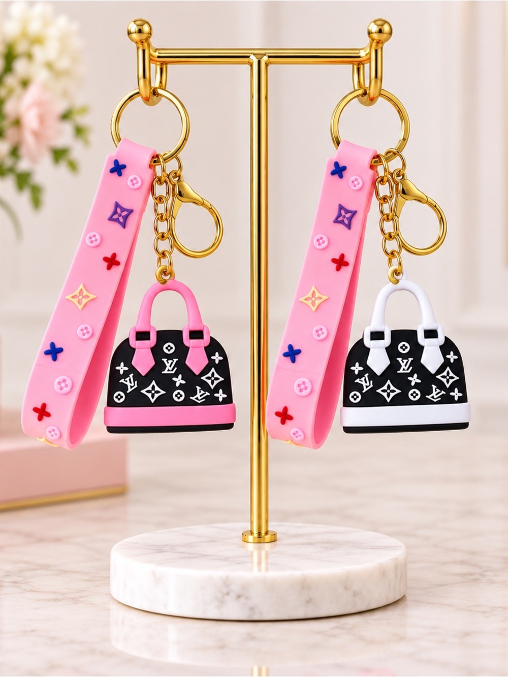 Pink Wristlet Keychain Bundle - Mini LV Print Letters Purse Charms Set of 2